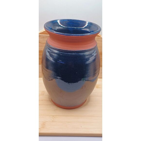 Vintage Handmade Wheel Thrown Earthenware Cobalt Blue Glazed Planter Vase - Picture 10 of 16